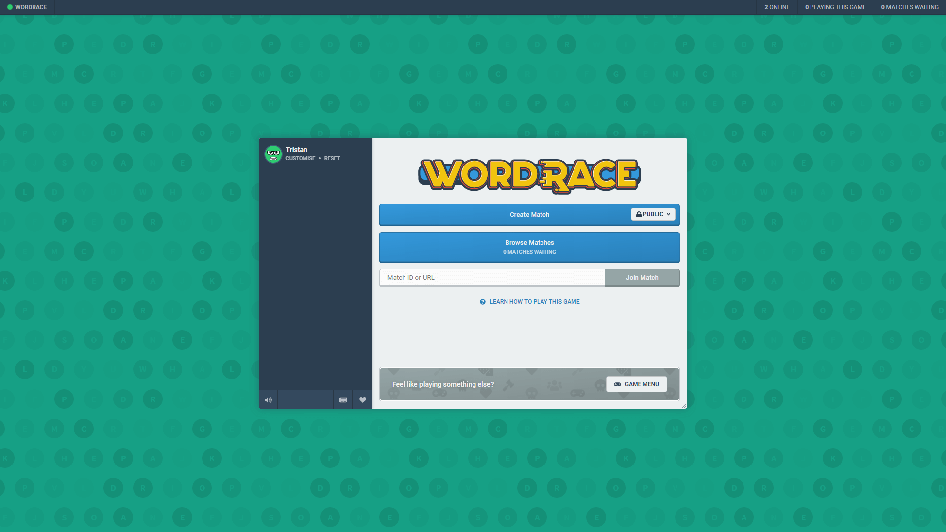 A screenshot of the Wordrace game on Bloob.io, specifically showing the menu where games can be made and available matches can be browsed.