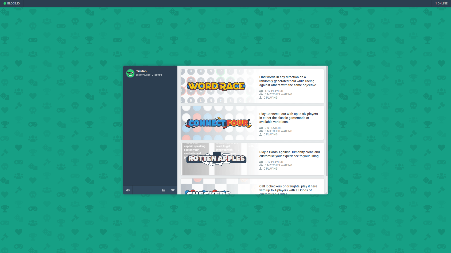 A screenshot of the main menu for Bloob.io showcasing all available games.