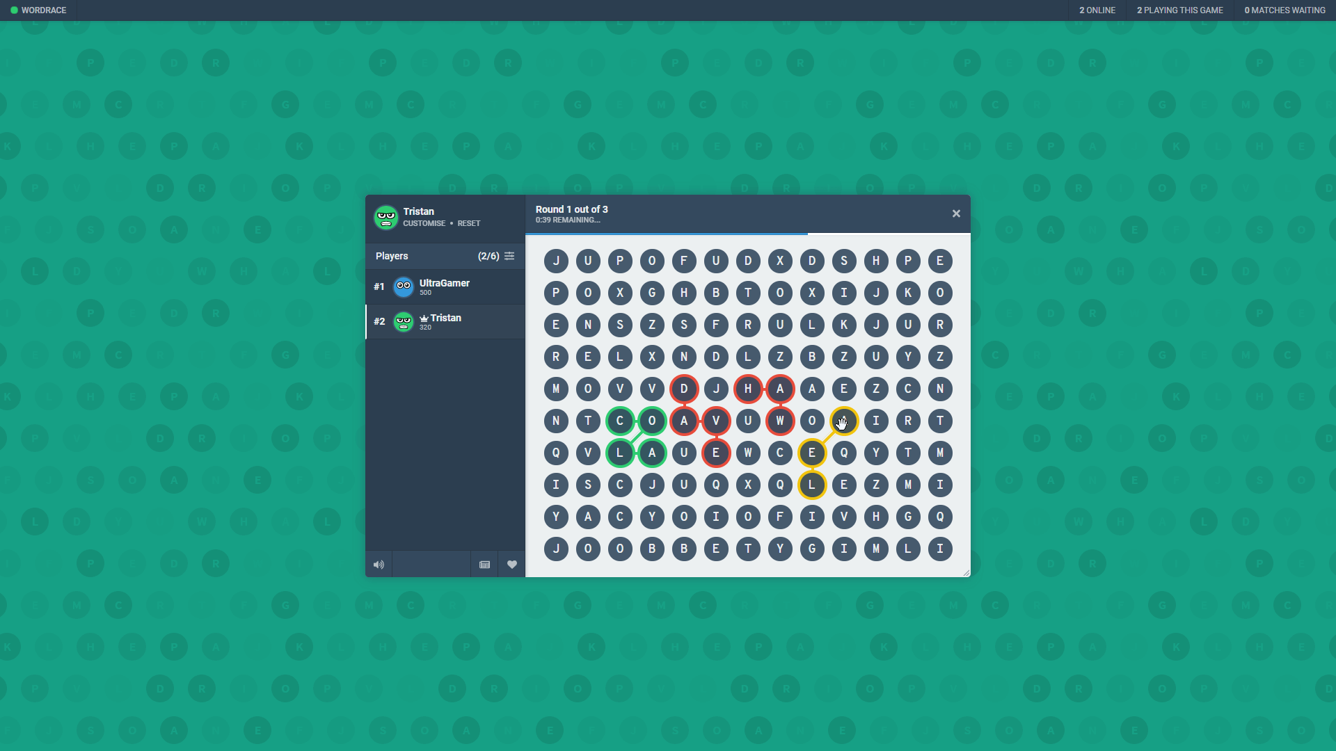 A screenshot of the Wordrace game on Bloob.io, showing what the gameplay experience is like.