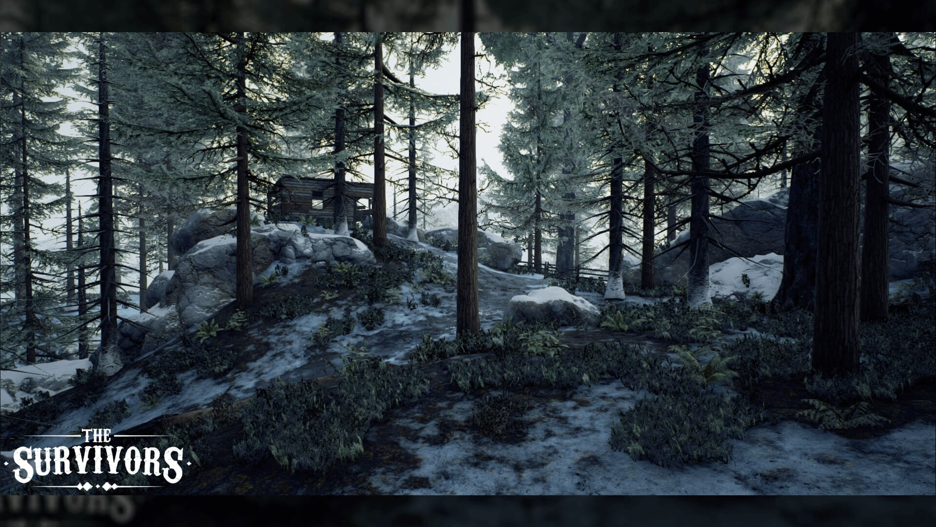 A screenshot of the environment in The Survivors, with snow, trees, and a hut on a hill.