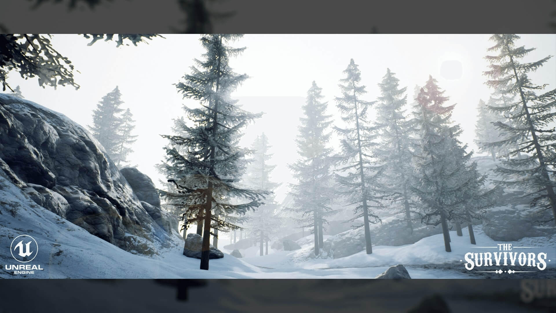 A wide angled screenshot of a snowy valley with trees and rocks.